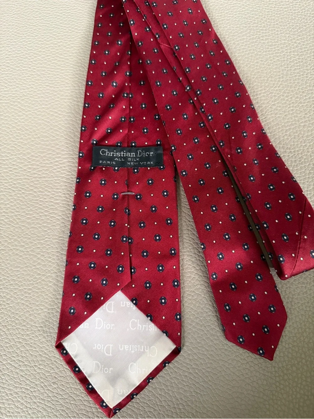 Christian Dior Burgundy Silk Tie with Navy and White Dot Motif